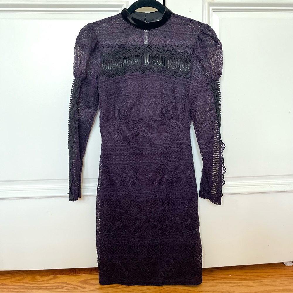 Topshop Women Black Dark Purple Lace Overlay Long Sleeve Mini Party Dress US 2